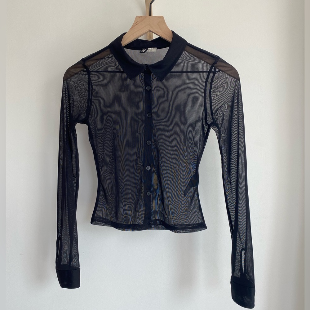 H&M • Sheer Mesh Cropped Collared Shirt • Black, XS